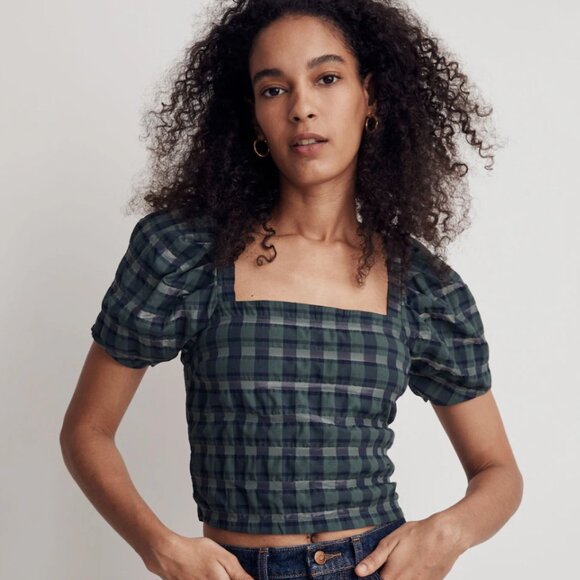 NWT Madewell Hopewell Puff-Sleeve Crop Top in Plaid - Picture 1 of 8